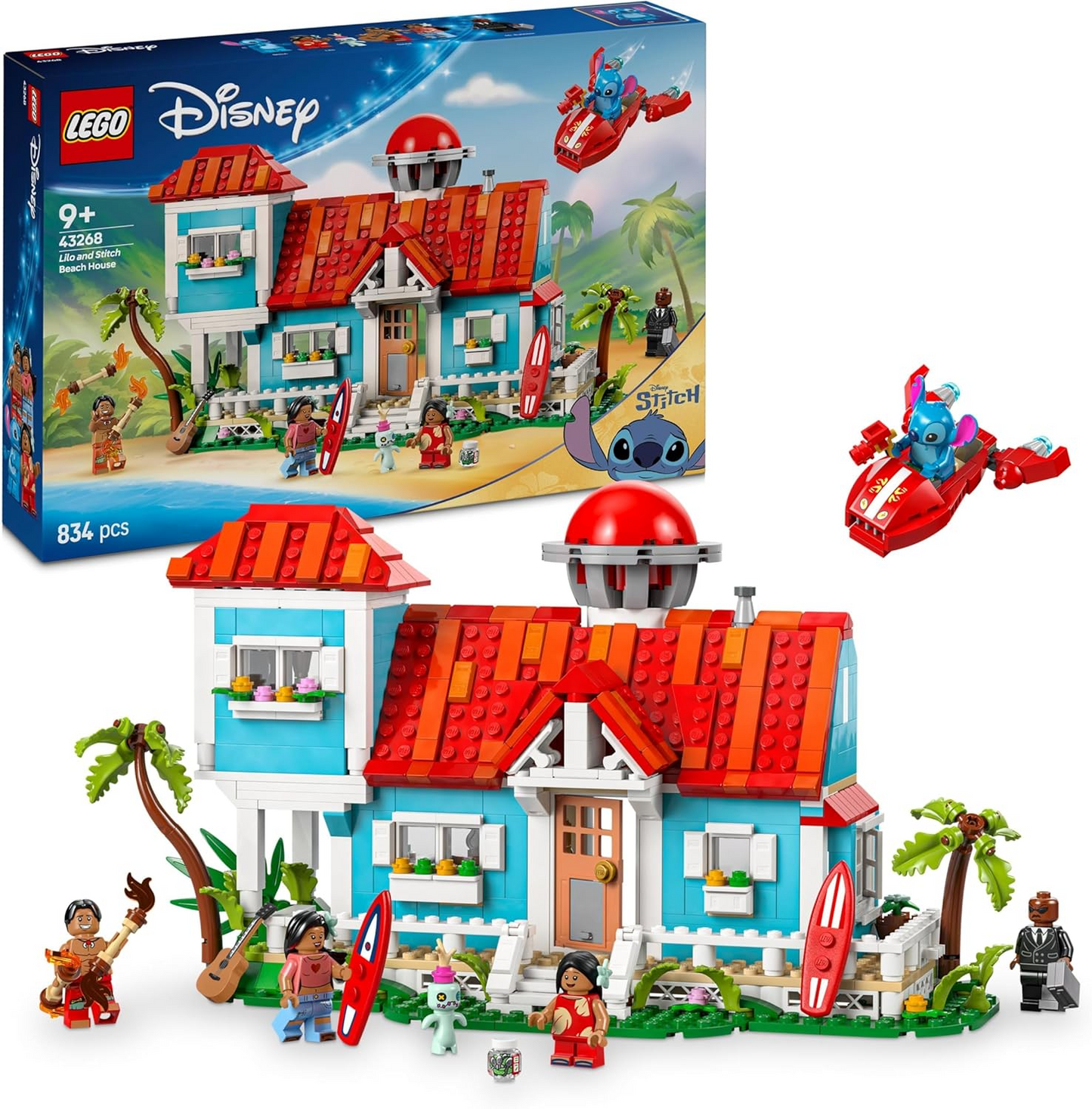 LEGO ǀ Disney Lilo and Stitch Beach House Building Kit, conjunto de construção detalhado para crianças e fãs, opções divertidas de brincadeira de faz de conta para meninas e meninos que adoram as personagens e naves espaciais 43268