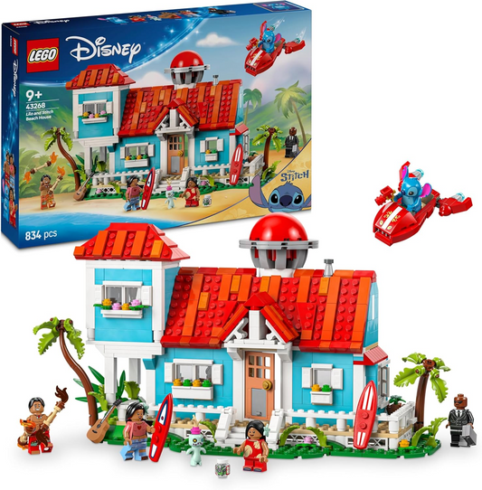LEGO ǀ Disney Lilo and Stitch Beach House Building Kit, conjunto de construção detalhado para crianças e fãs, opções divertidas de brincadeira de faz de conta para meninas e meninos que adoram as personagens e naves espaciais 43268