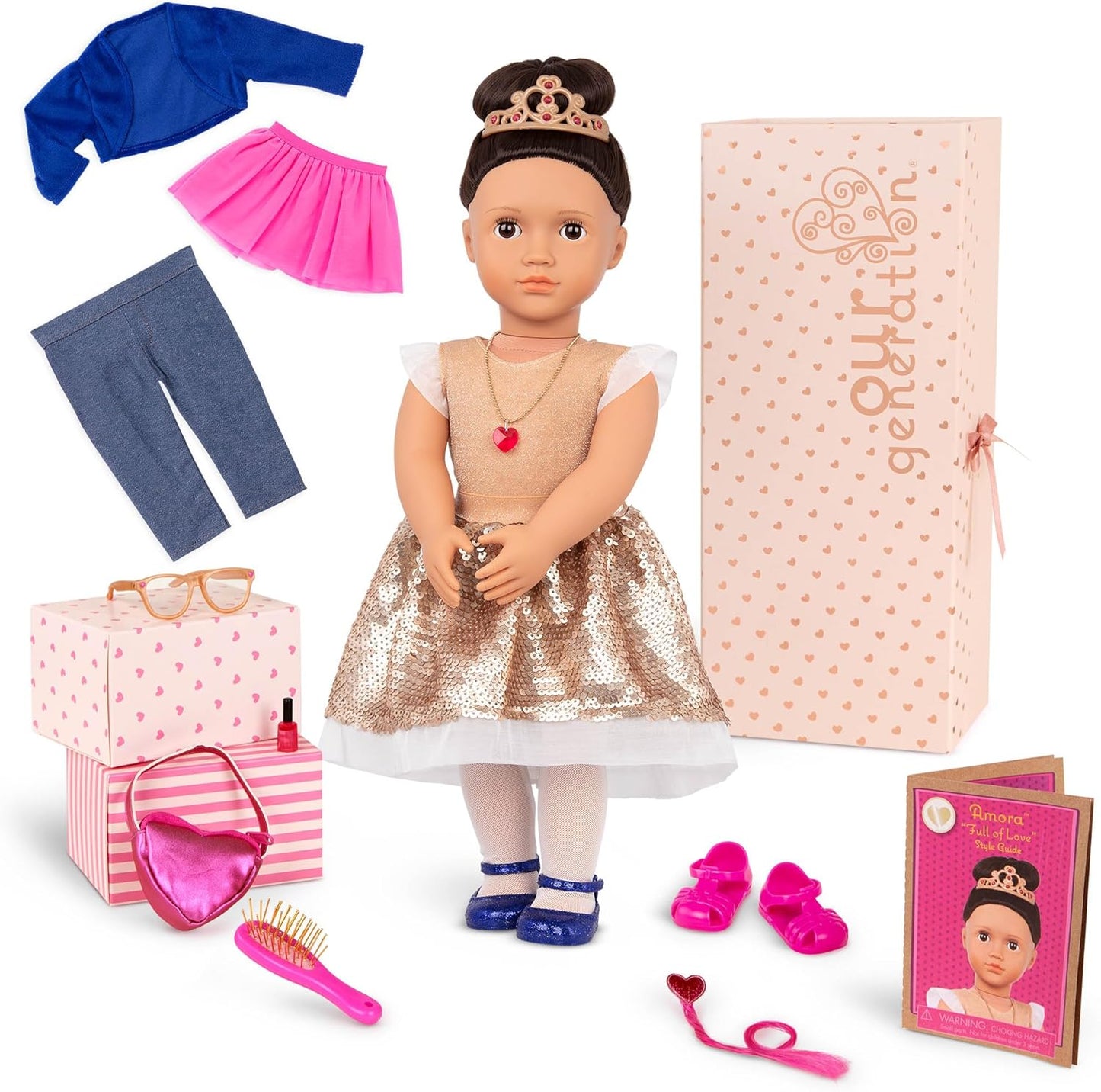 A Nossa Geração – 18 polegadas – Boneca de moda inicial com tema de amor – Amora – Cabelo castanho e olhos castanhos – 3 roupas e acessórios de estilo em caixa de presente – Brincadeira de faz de conta para maiores de 3 anos