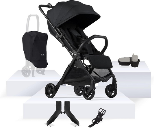 Silver Cross - Jet 5 Compact Carrinho de bebé e acessórios Bundle - Carrinho de viagem, tabuleiro para snacks, suporte para telefone e adaptadores universais para cadeira auto - Carrinho dobrável - Tamanho de cabine - Recém-nascido a 4 anos - Espaço