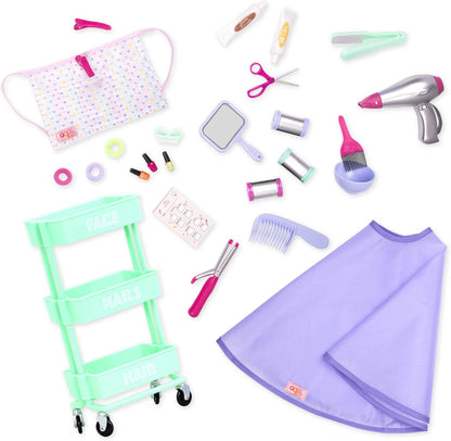 Salão de beleza Our Generation sobre rodas – Conjunto de reboque com tema de salão de beleza dobrável – Conjunto de salão de cabeleireiro com 35 peças