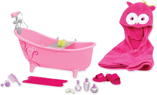 Our Generation - Banheira rosa com acessórios - Acessórios para bonecas de 46 cm, com tapete de banho, toalha de coruja rosa e acessórios de banho - a partir dos 3 anos - 45416