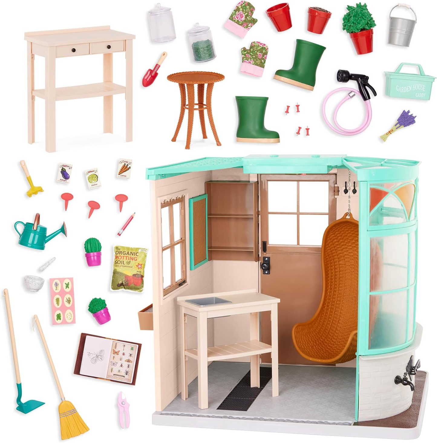A nossa Geração Sala para Crescer Estufa – Conjunto de brinquedos temáticos de jardim para bonecas de 45 cm – Enorme conjunto de casa de brinquedo de jardim com 43 peças