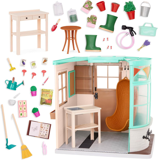 A nossa Geração Sala para Crescer Estufa – Conjunto de brinquedos temáticos de jardim para bonecas de 45 cm – Enorme conjunto de casa de brinquedo de jardim com 43 peças