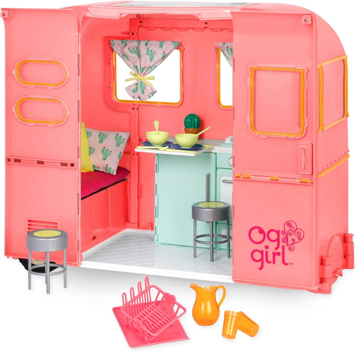 A Nossa Geração – Trailer de Campismo – Acessórios de Cozinha e Cozinha – Veículo para Bonecas de 18 Polegadas – Brincadeira de Faz de Conta – Brinquedos para Crianças a partir dos 3 anos – Trailer R.V. Seeing You (Rosa)