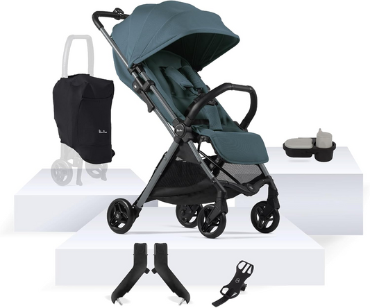 Silver Cross - Jet 5 Compact Carrinho de bebé e acessórios Bundle - Carrinho de viagem, tabuleiro para snacks, suporte para telefone e adaptadores universais para cadeira auto - Carrinho dobrável - Recém-nascido a 4 anos - Mineral