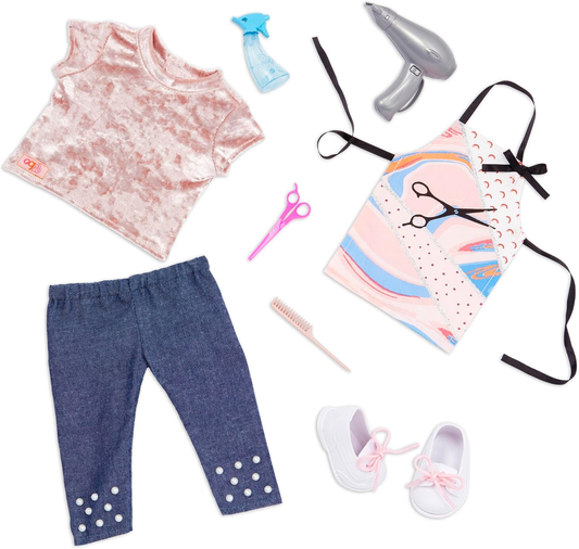 A nossa geração adora estilizar o traje – Traje de cabeleireiro de luxo com acessórios de estilista para bonecas de 45 cm – Conjunto de 9 peças de roupa e acessórios de penteado