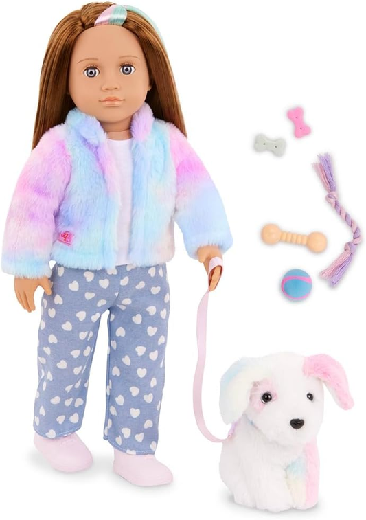 Our Generation – Conjunto de boneca de 45 cm e cachorro – Peluche arco-íris – Acessórios para cuidados com animais de estimação – Brincadeira de faz de conta – Brinquedos para crianças a partir dos 3 anos – Skylar e Bow