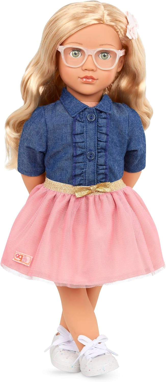 Our Generation Emily Girl Doll - Boneca de planeamento de festas de 45 cm com vestido rosa fofo, blusa de ganga da moda, corpo macio e fofinho, óculos estilosos, para maiores de 3 anos