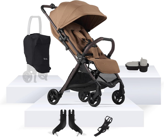 Silver Cross - Jet 5 Compact Carrinho de bebé e acessórios Bundle - Carrinho de viagem, tabuleiro para snacks, suporte para telefone e adaptadores universais para cadeira auto - Carrinho dobrável - Recém-nascido a 4 anos - Cinammon