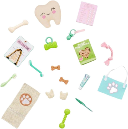 Conjunto Dentista Canino Our Generation – Kit com 19 peças para cuidados dentários de pets, ideal para bonecas de 45 cm. Estimula brincadeiras criativas de veterinário com acessórios dentários, brinquedos de mastigar e petiscos – 3 anos+.