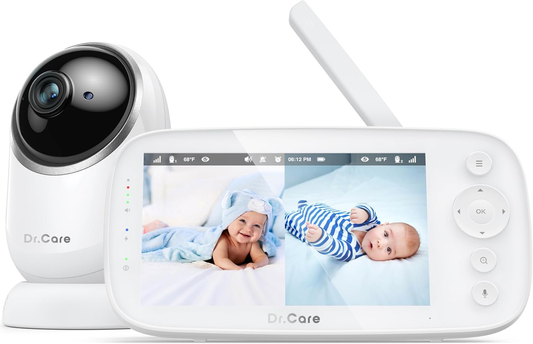 Monitor de vídeo para bebés Dr.Care NovaView - Ecrã 1080P de 5”, radiação ultrabaixa, bateria de 5000mAh, visão noturna nítida, tempo real/VOX, zoom 2X/4X, alcance de 1000 pés, áudio bidirecional, panorâmica e inclinação, câmara para bebés sem WiFi