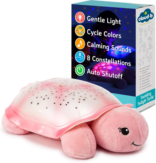 Galaxy Cloud b Twinkling Twilight Turtle Pink Luz de presença e projetor | 8 Constelações | Máquina de ruído branco calmante Baby Star Nightlight | Alivia o medo do escuro, peluche, desligar automático