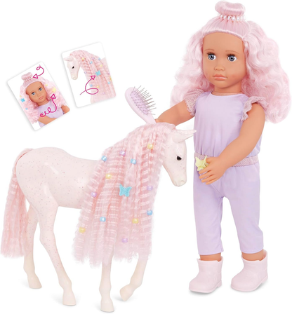 Boneca e Cavalo Elara e Lumina da Nossa Geração - Dupla de Boneca e Penteado de Potro de 18 polegadas, Cabelo Rosa, Brinquedo de Pentear Potro, Acessórios de Cabelo, Macacão Lilás, Para Crianças a partir dos 3 Anos