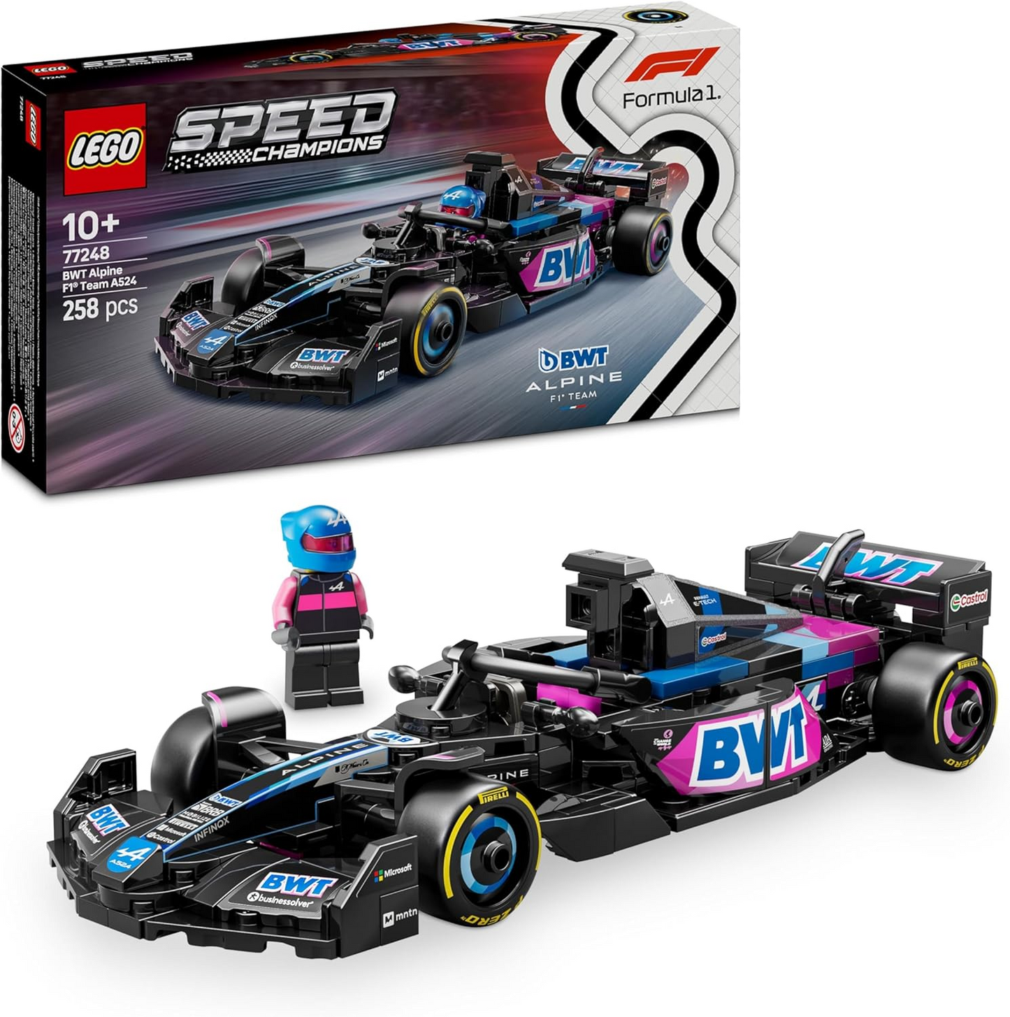 LEGO Speed Champions BWT Alpine F1 Team A524 Race Car Toy com uma minifigura colecionável de piloto de Fórmula 1 - Kits de modelos para meninos e meninas de 10 anos ou fãs adultos de automobilismo 77248