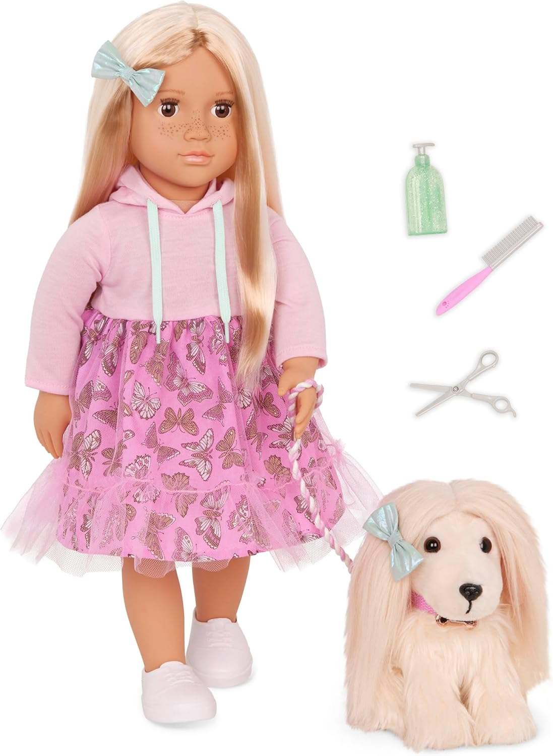 A Nossa Geração Hattie & Bella – Dupla de Bonecas e Cãozinhos de 18 Polegadas, Nody Macio, Peluche para Cão e Acessórios de Higiene