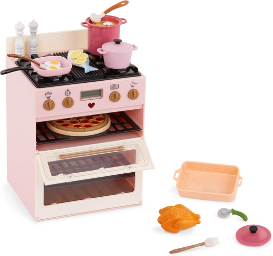 Conjunto de fogão e forno Our Generation – Cozinha realista de 25 peças com sons, forno duplo e acessórios para bonecas de 18" – Brinquedo em miniatura para brincar de cozinhar, estimula a imaginação – Para crianças a partir de 3 anos.