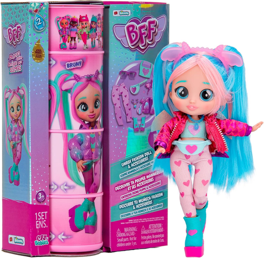 BFF by Cry Babies S2 Bruny Boneca colecionável de moda com cabelo comprido, roupas de tecido e 10 acessórios - Brinde de brinquedo para meninas e meninos +5 anos