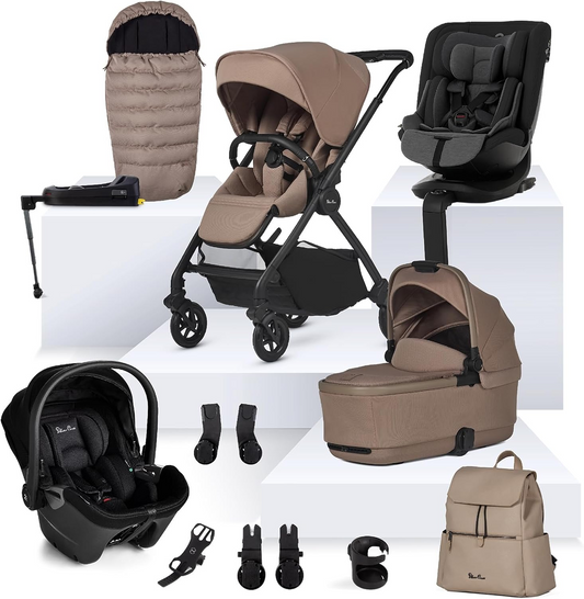 Silver Cross - Dune 2 Carrinho de Bebé Ultimate Bundle, First Bed Carrycot, Pacote de Acessórios, Cadeira Auto Dream i-Size e Motion All Size - Sistema de Viagem para Estilos de Vida Urbanos - Recém-nascidos a 4 Anos (22kg) - Mocha