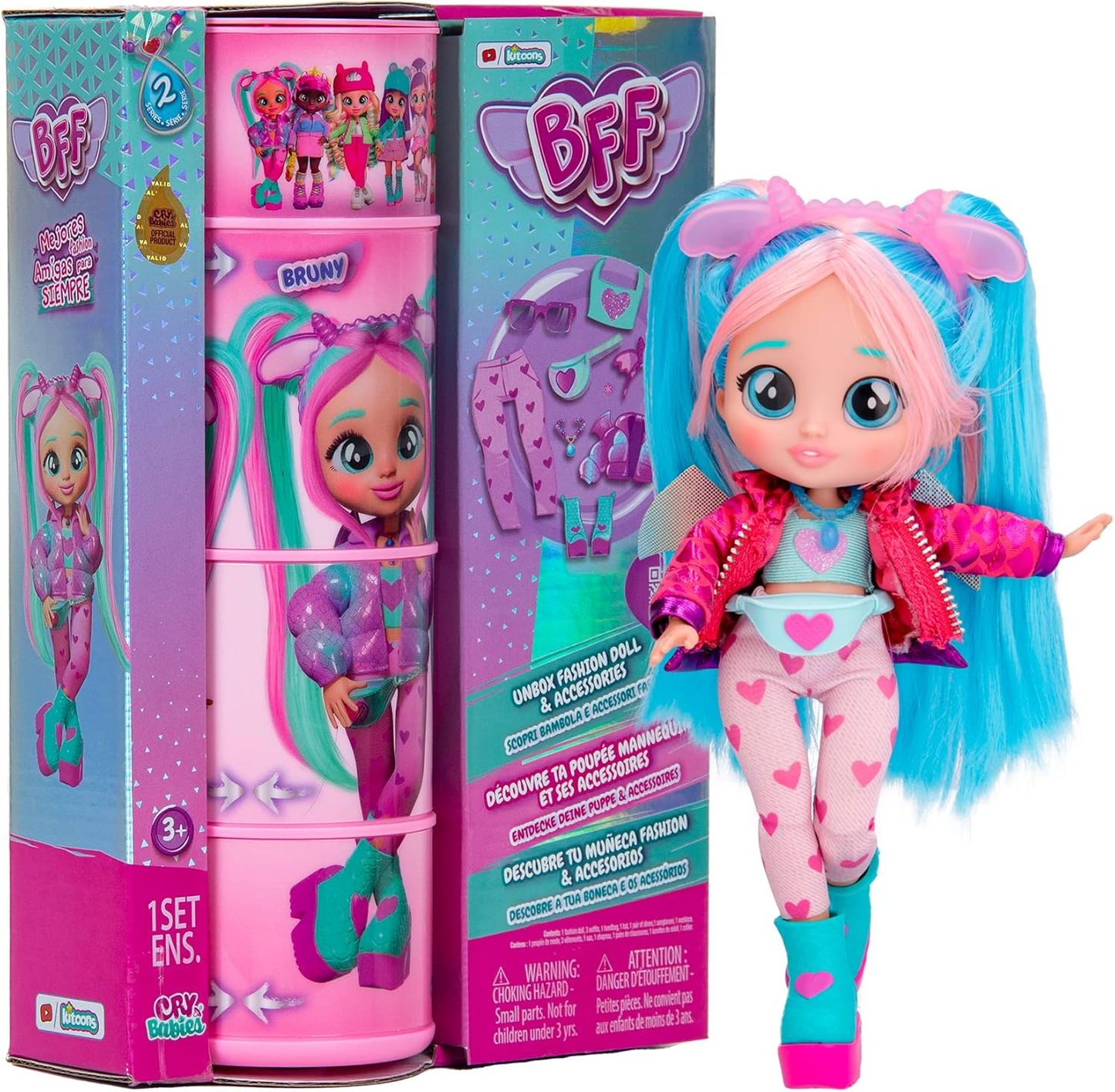BFF by Cry Babies S2 Bruny Boneca colecionável de moda com cabelo comprido, roupas de tecido e 10 acessórios - Brinde de brinquedo para meninas e meninos +5 anos