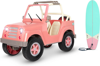 Our Generation OG Off Roader – Conjunto de veículos 4x4 para bonecas de 18 polegadas, veículo com tema de praia com prancha de surf, carro rosa salmão, luzes de trabalho, limpa-para-brisas, altifalantes, jogo realista