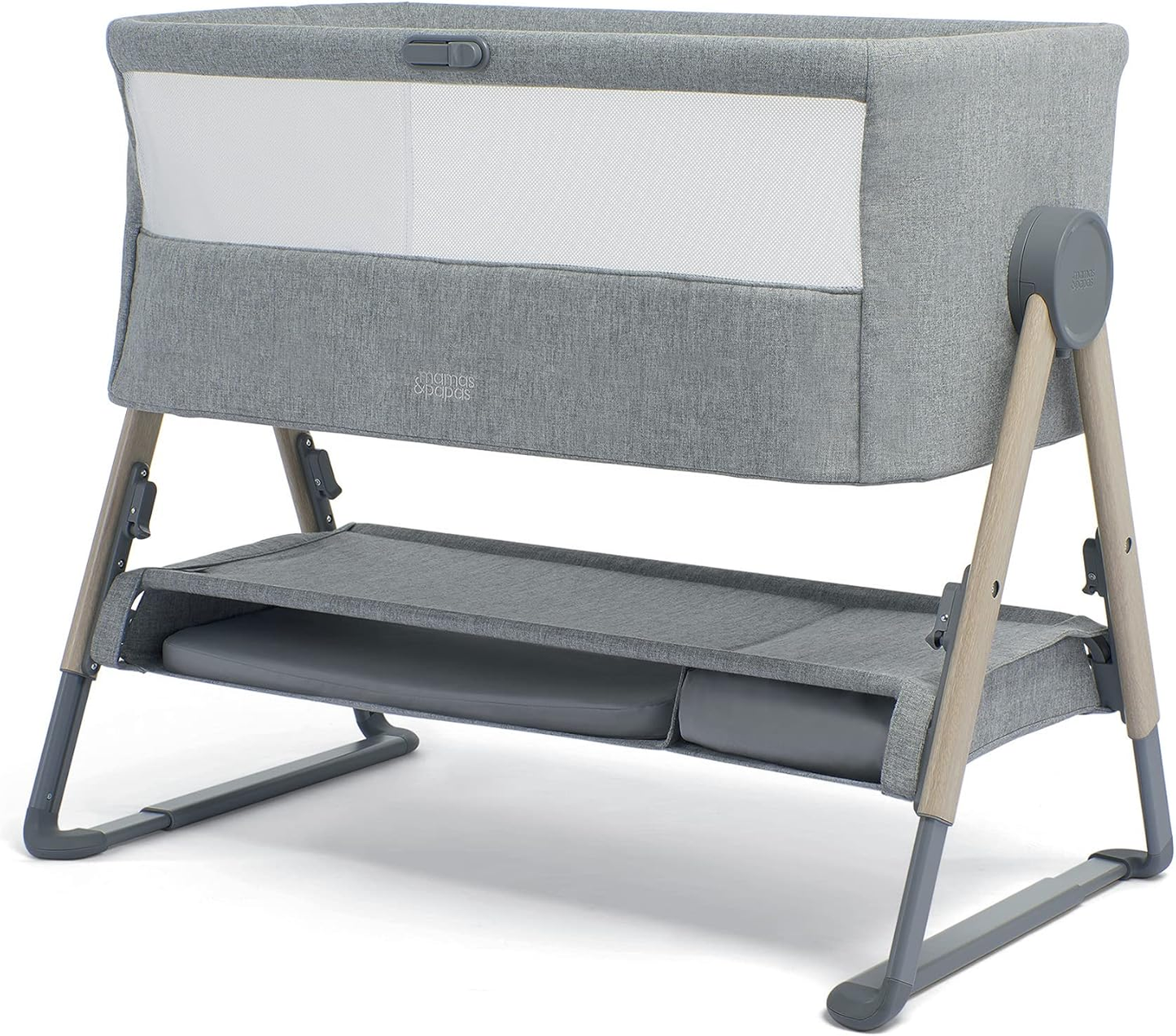 Berço de cabeceira Lua Mamas & Papas, berço amovível, laterais rebatíveis, inclui colchão, 0-6 meses, cinzento