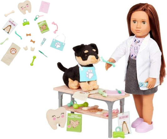 Conjunto Dentista Our Generation para Cuidados Caninos – Kit com 19 Peças para Bonecas de 45 cm – Estimula Brincadeiras Veterinárias Imaginativas – Inclui Acessórios Dentários, Brinquedos de Mastigar e Guloseimas – Para Crianças 3+ Anos