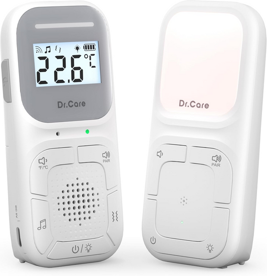 Dr.Care Neo Audio Baby Monitor – pré-emparelhado, conversação bidirecional, VOX, luz noturna, canções de embalar, alerta vibratório, alcance de 300 metros, altifalante e microfone, clipe portátil, sem WiFi