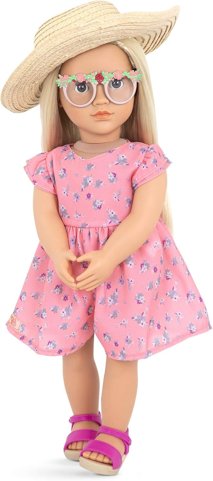 Boneca Our Generation com vestido estampado floral e chapéu de sol, Dália