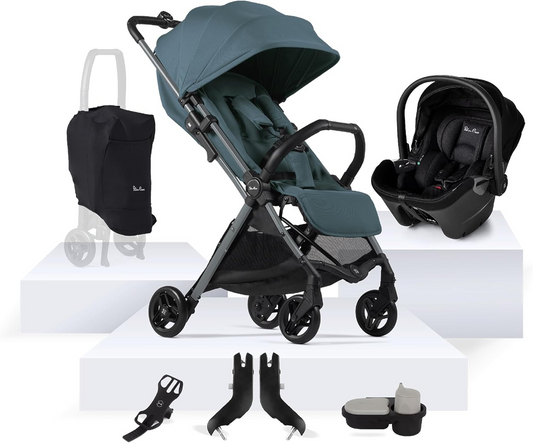Silver Cross - Jet 5 Compact Travel System Ultimate Bundle - Carrinho de viagem, cadeira auto Dream i-Size, tabuleiro para snacks e suporte para telemóvel - Carrinho de bebé dobrável leve - Recém-nascido a 4 anos - Mineral