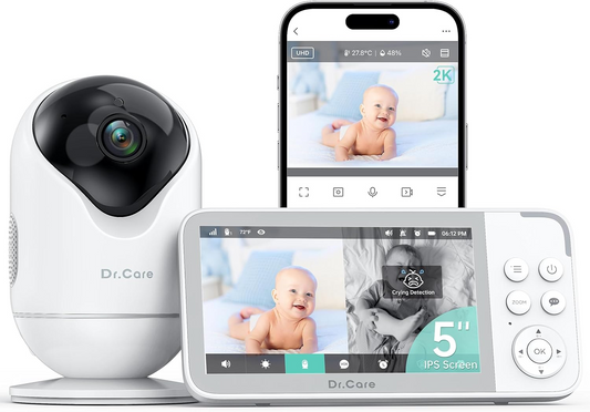 Dr.Care VistaView Smart WiFi Baby Monitor, ecrã HD 1080P de 5”, câmara 2K com controlo de aplicação, alertas de choro e movimento, visão noturna, bateria de 5000 mAh, conversação bidirecional, acesso multiutilizador, alcance de 390 m/1279 pés