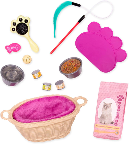 Conjunto de acessórios para gatos Our Generation Cat Pet – Acessórios para cuidados com gatos de estimação para bonecas de 45 cm – Conjunto de 13 acessórios para animais de estimação