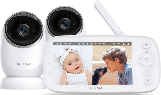 Monitor de vídeo para bebés Dr.Care NovaView - Ecrã 1080P de 5”, radiação ultrabaixa, bateria de 5000mAh, visão noturna nítida, tempo real/VOX, zoom 2X/4X, alcance de 1000 pés, áudio bidirecional, panorâmica e inclinação, câmara para bebés sem WiFi