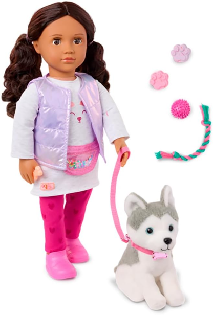Our Generation – Boneca de 45 cm e conjunto de cãozinho de estimação – Olhos castanho-escuros realistas e cabelo castanho-escuro ondulado – Peluche Husky Dog e acessórios – Brincadeira de faz de conta – Estella e Evi