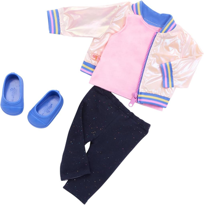 A Nossa Geração Adora Brilhar - Casaco Bomber Arco-Íris Rosa Brilhante e Conjunto de Roupa para Bonecas de 18 Polegadas, Conjunto de Moda, Fecho Funcional, Acessórios de Roupa para Brincadeiras de Faz de Conta