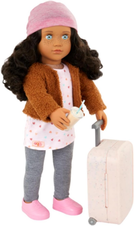 Our Generation Lisandra - Boneca de Viagem de 45 cm com Mala de Rodinhas, Características Realistas e Equipamento de Viagem - Roupa e Acessórios para Bonecas Compatíveis - Idades 3+