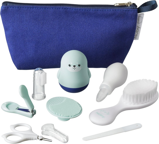 Kit de cuidados para o banho Nuby Baby com 8 essenciais de higiene | Bolsa de Viagem | Forro impermeável | Ideal para viagens ou em casa