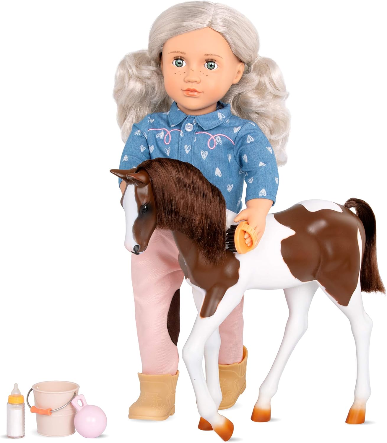 Boneca Yanira de 46 cm com potro de estimação da Our Generation, conjunto de boneca e animal de estimação para crianças, conjunto de brincadeira de faz de conta com potro, balde, biberão e outros acessórios para crianças a partir dos 3 anos