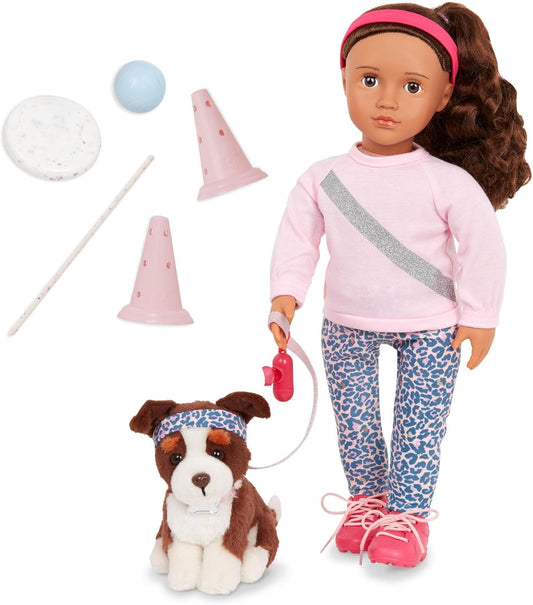 Conjunto de treino de agilidade para bonecas Our Generation 45 cm com animais de estimação Natalia e Nillie – Acessórios de brincadeira de 46 cm para bonecas e cães – Brinquedo de faz de conta educativo para crianças a partir de 3 anos