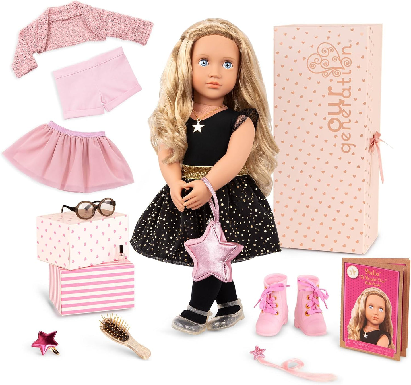 A Nossa Geração – Boneca Starry Fashion Starter de 45 cm – Stella – Cabelo loiro e olhos azuis – 3 roupas e acessórios de estilo em caixa de oferta – Brincadeira de faz de conta para maiores de 3 anos
