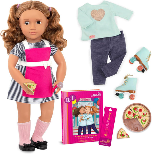 Bonecas Our Generation Isa - Adorável boneca empregada de pizza de 46 cm com cabelo para escovar, livro de histórias, roupas e acessórios | Bonecas saudáveis para meninas dos 3 aos 10 anos para se vestirem e brincarem com a imaginação