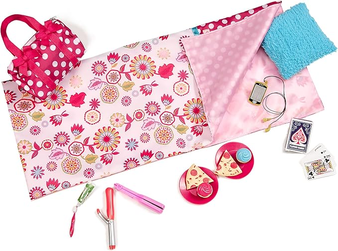 Conjunto de festa do pijama às bolinhas da Our Generation – Conjunto de festa do pijama com tema de pizza para bonecas de 45 cm – Conjunto de acessórios para bonecas com 15 peças