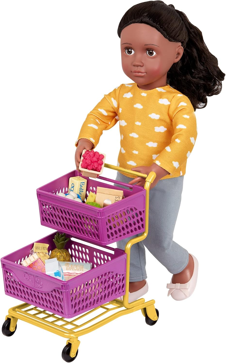 A Nossa Geração – Conjunto de compras de supermercado – Comida de brincar – Acessórios para bonecas de 45 cm – Brincadeira de faz de conta – Crianças a partir dos 3 anos – Carrinho de compras no mercado