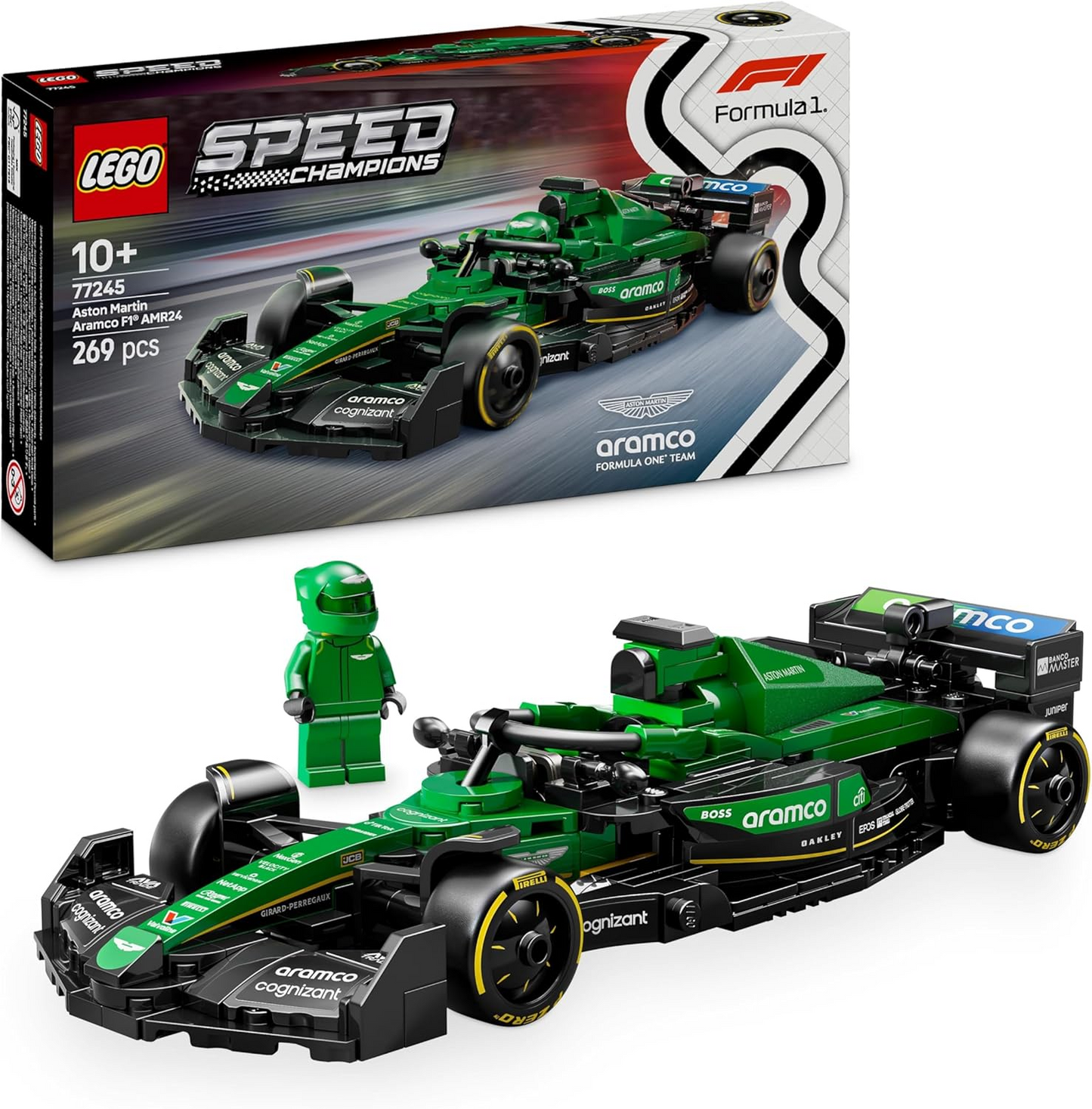 LEGO Speed Champions Aston Martin Aramco F1 AMR24 Race Car Toy com uma minifigura colecionável de piloto de Fórmula 1 - Kits de modelos para meninos e meninas de 10 anos ou fãs adultos de automobilismo 77245