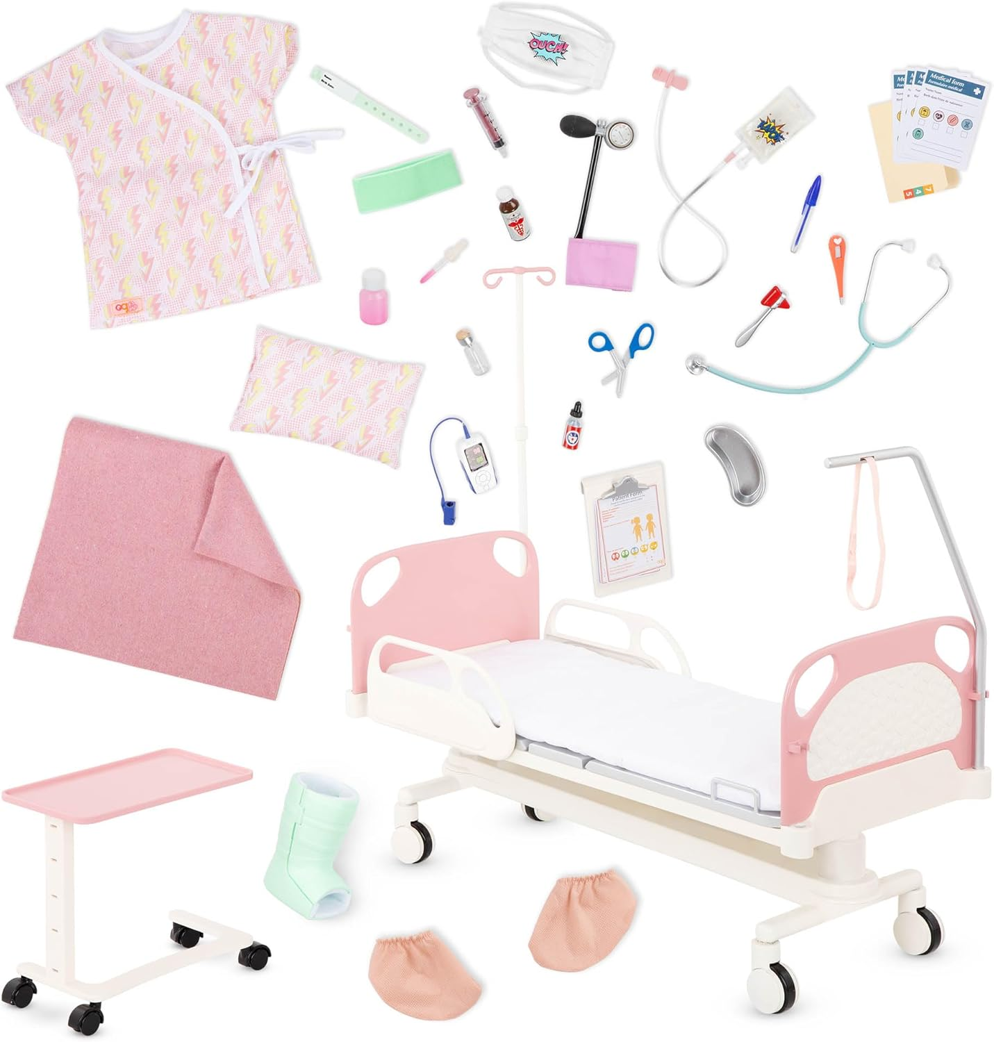 A Nossa Geração – Cama de Hospital para Bonecas – Conjunto de Médico – Vestido de Hospital, Estetoscópio, Kit Médico – Acessórios para Bonecas de 18 Polegadas – Brinquedos para Crianças a Partir dos 3 Anos – Cama para Melhoras