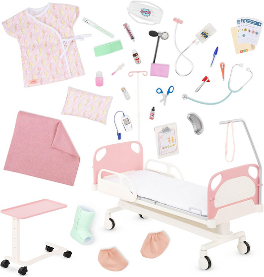 A Nossa Geração – Cama de Hospital para Bonecas – Conjunto de Médico – Vestido de Hospital, Estetoscópio, Kit Médico – Acessórios para Bonecas de 18 Polegadas – Brinquedos para Crianças a Partir dos 3 Anos – Cama para Melhoras