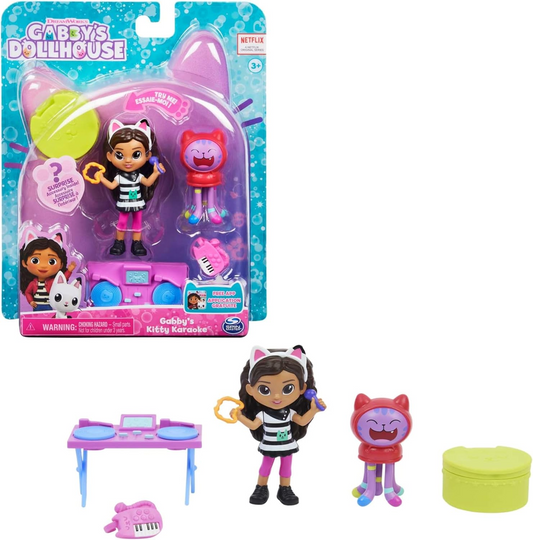 Gabby's Dollhouse, Kitty Karaoke Set com 2 bonecos de brinquedo, 2 acessórios, peça de entrega e mobiliário, brinquedos infantis para maiores de 3 anos