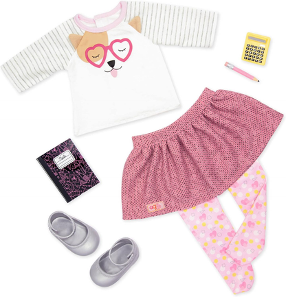 Roupa de cachorrinho com estampado gráfico da Our Generation Dolls, com sapatos, Surtido, roupa de boneca de 21,5 cm, inclui acessórios elegantes, design adorável e divertido para brincadeiras imaginativas das crianças