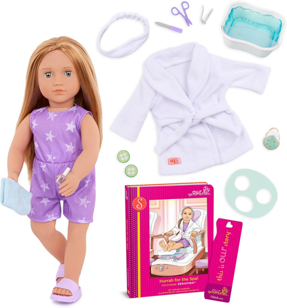 Our Generation Boneca Deluxe Emily com Livro de Histórias – Boneca organizadora de festas de 45 cm e livro de histórias para meninas e meninos, acessórios divertidos para festas, corpo macio e fofinho, para crianças a partir dos 3 anos