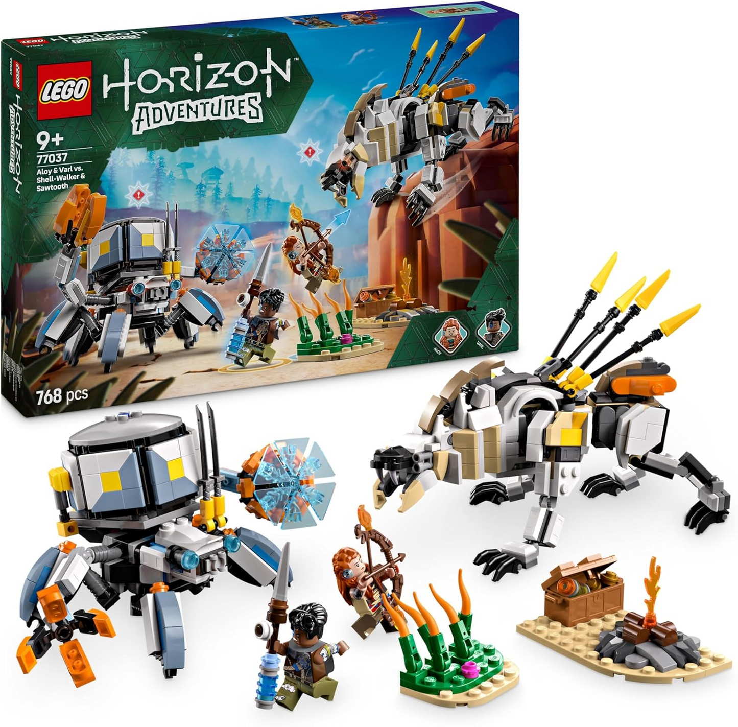 LEGO Horizon Adventures Aloy e Varl vs. Shell-Walker e Sawtooth Building Toy Set com Machine Monsters e Minifigures, Presente criativo para rapazes, raparigas e jogadores a partir dos 9 anos 77037